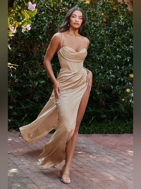 Ladavine by Cinderella Davine 7483 Satin Corset Gown Dress Prom Champagne Size 6